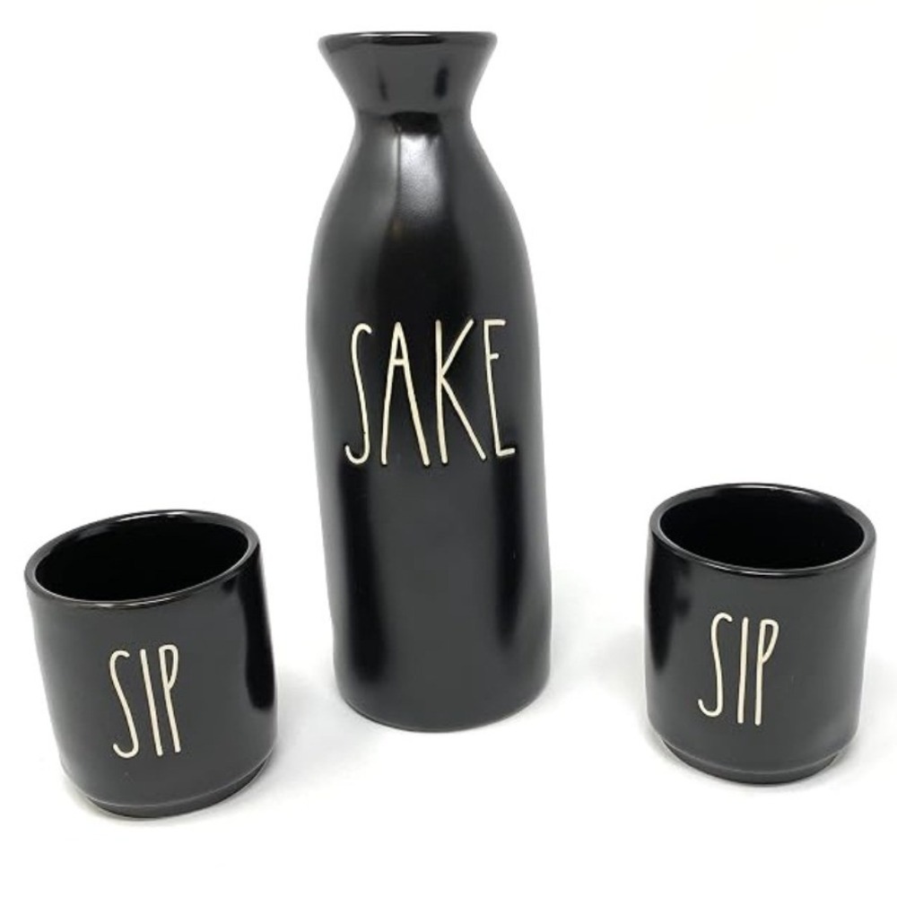 Rae Dunn SAKE Pitcher & SIP Cups Set Matte Black Ceramic Artisan Collection NIB